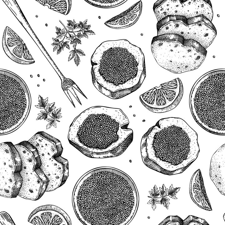 Seafood background for restaurant or finger food menu design. Hand-drawn sketches of canned caviar, black caviar canape, bread, lemons. Sea delicacy seamless pattern in sketched style.